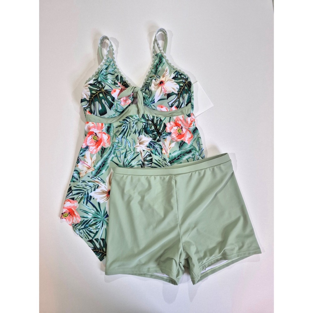 Hanna Nikole Green Tropical Floral Tankini Swimsuit with Boy Shorts NWT